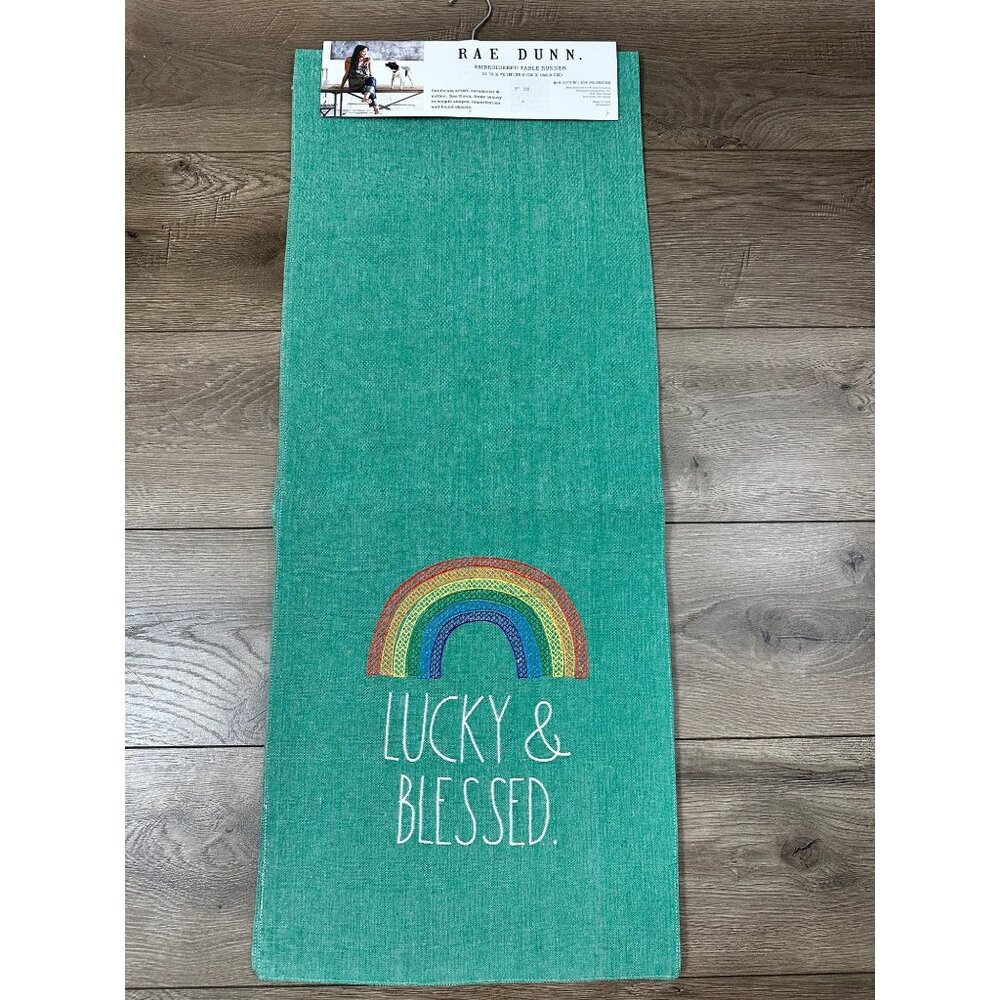 St. Patrick's Day Rae Dunn Table Runner Green Lucky & Blessed Rainbow New